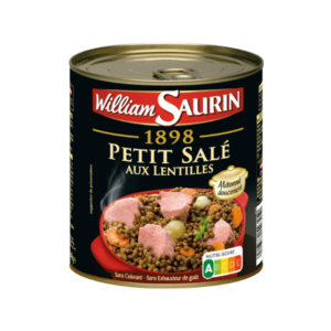 a can of William Saurin 1898 Petit Sale and Lentils 840g