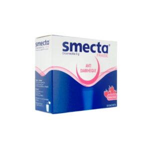 a box of Smecta Strawberry containing 18 sachets